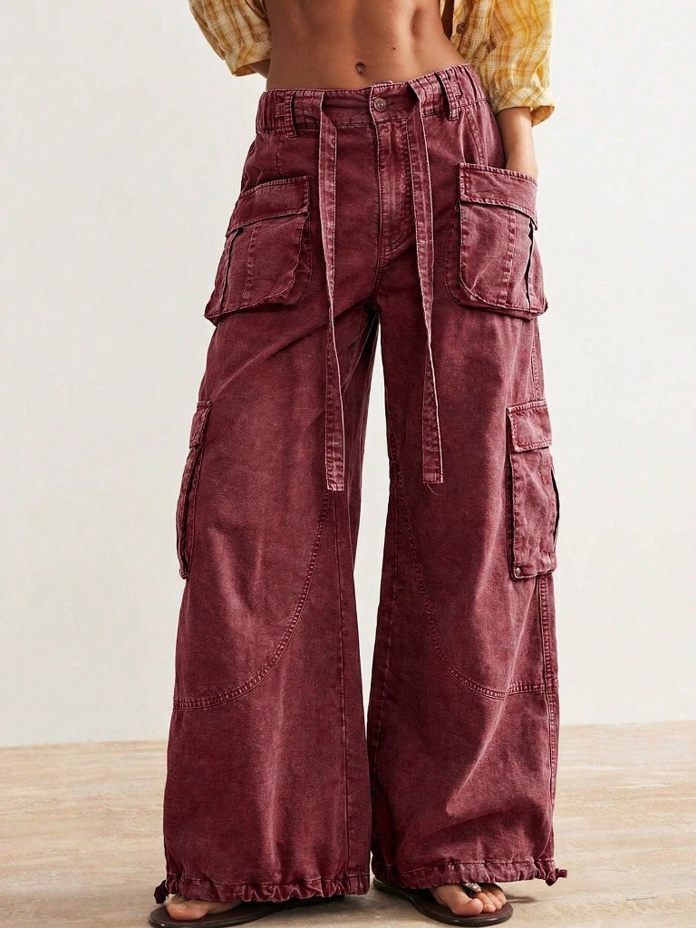 Burgundy Casual Women's Woven Loose Drawstring Waist Low-Rise Wide Leg Pants